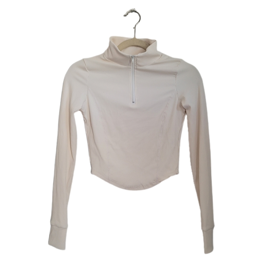 Shein Top S Small Beige Crop 1/4 Zip Long Sleeve Ribbed